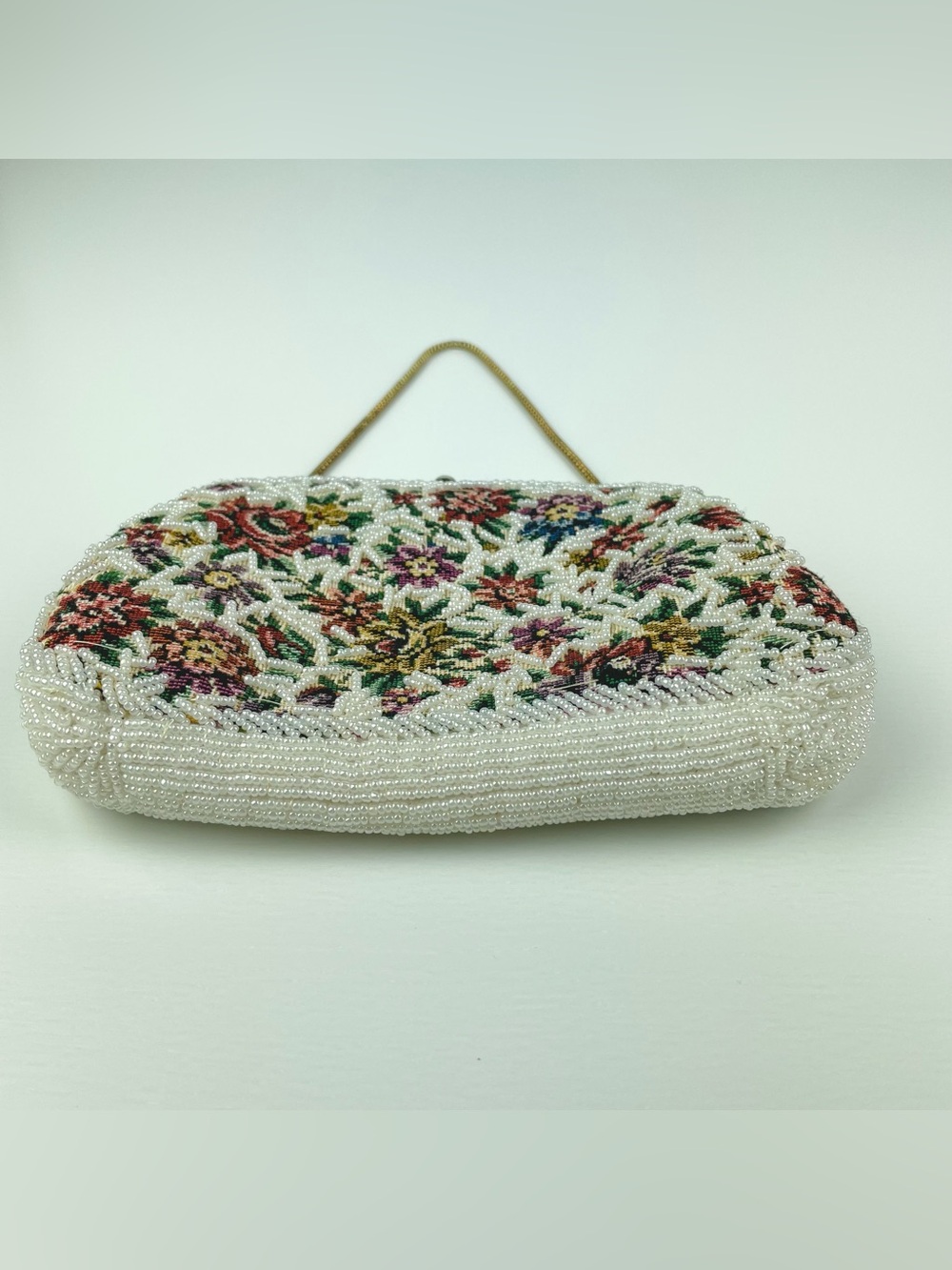 VTG Oharsma Floral Beaded Tapestry Evening Bag Gold Chain Handbag Kiss Clasp - Picture 3 of 16